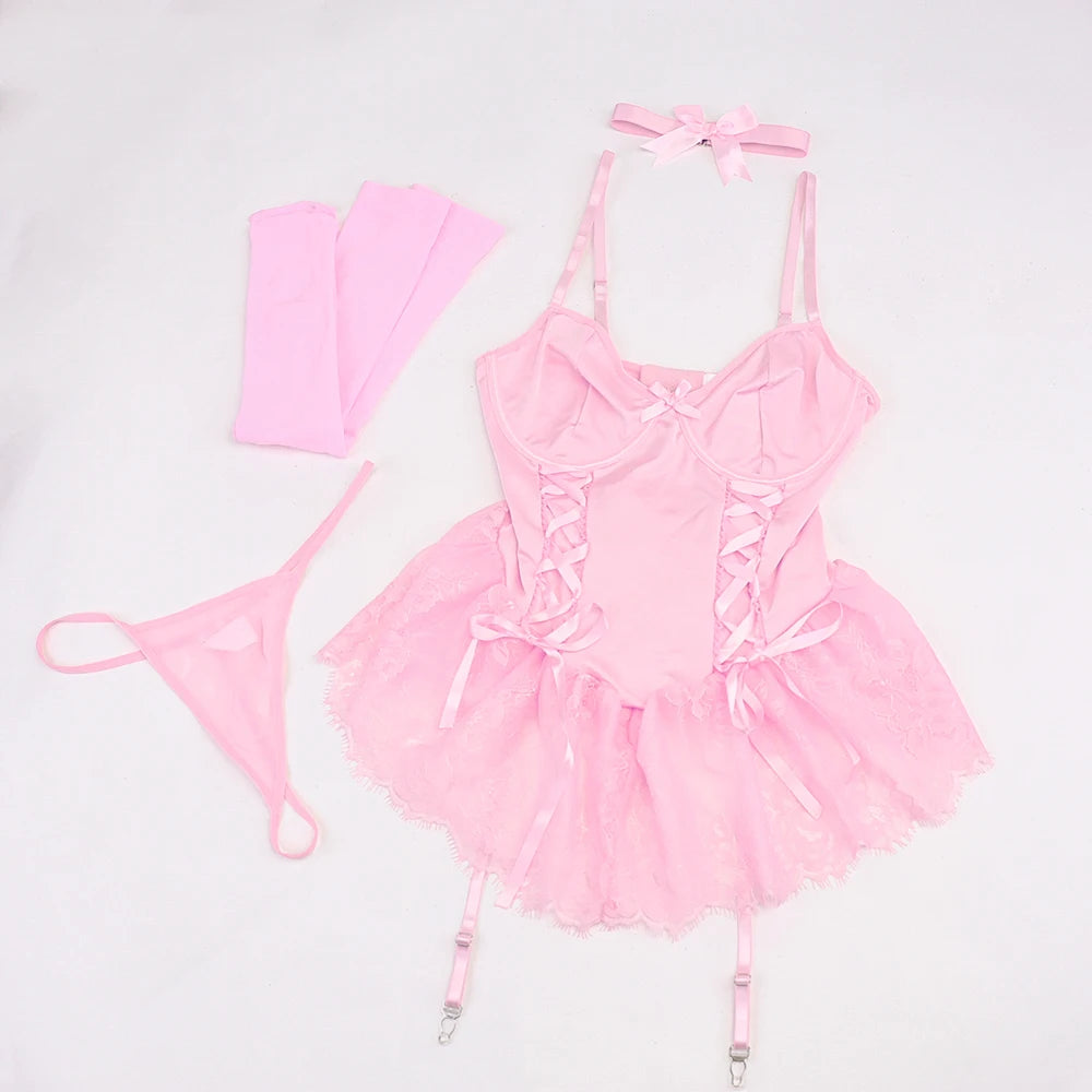 Sexy Lingerie Women Corset Lace Bodysuit 5-Piece Set with Stockings & Garter Belt OnlyFans Tightening Fantasy Underwear