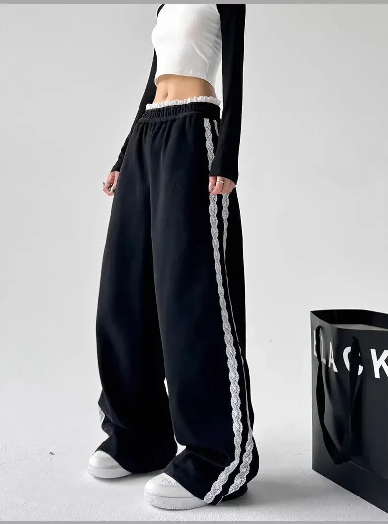 Trendy Casual Wide Leg Pants Women's Autumn Winter High Waist Splicing Lace Trim Drapey Slimming Sporty Trousers