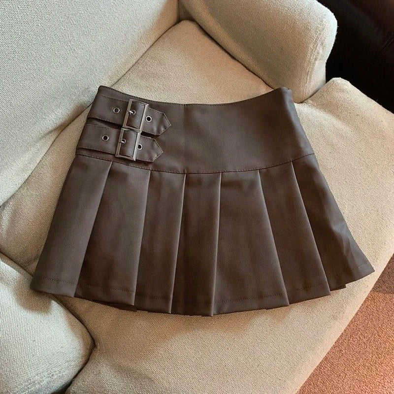 MEXZT S-3XL Y2K Pu Leather Mini Skirts Women Streetwear High Waist Pleated Skirt Vintage Korean Black Slim Casual A Line Skirts