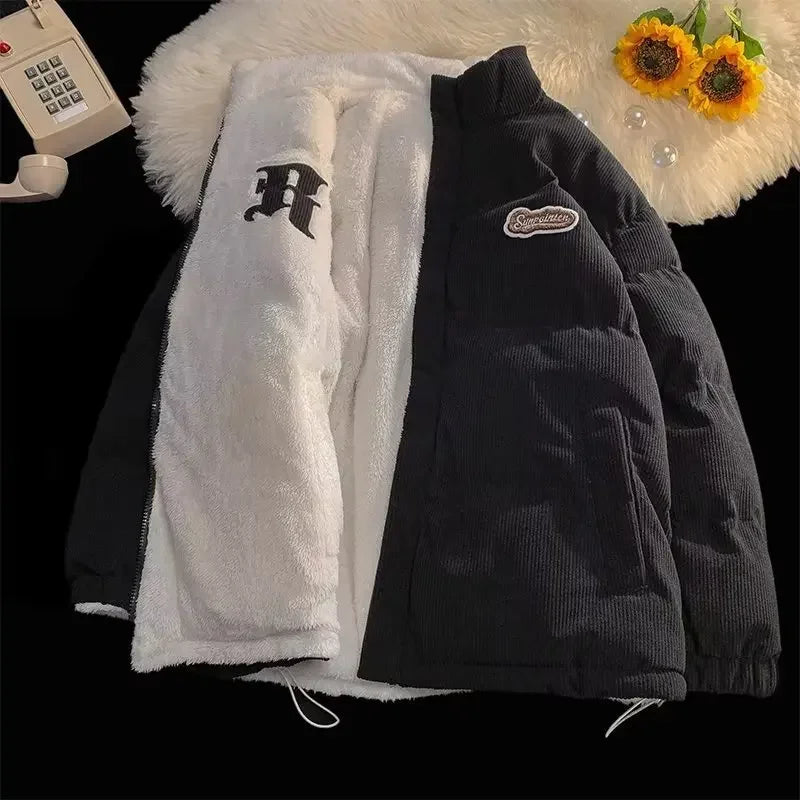 Fog Blue Cotton-padded Coat Men's Winter Thickened Hong Kong Style Corduroy Cotton Jacket Design Sensibility Niche 2023 Workwear