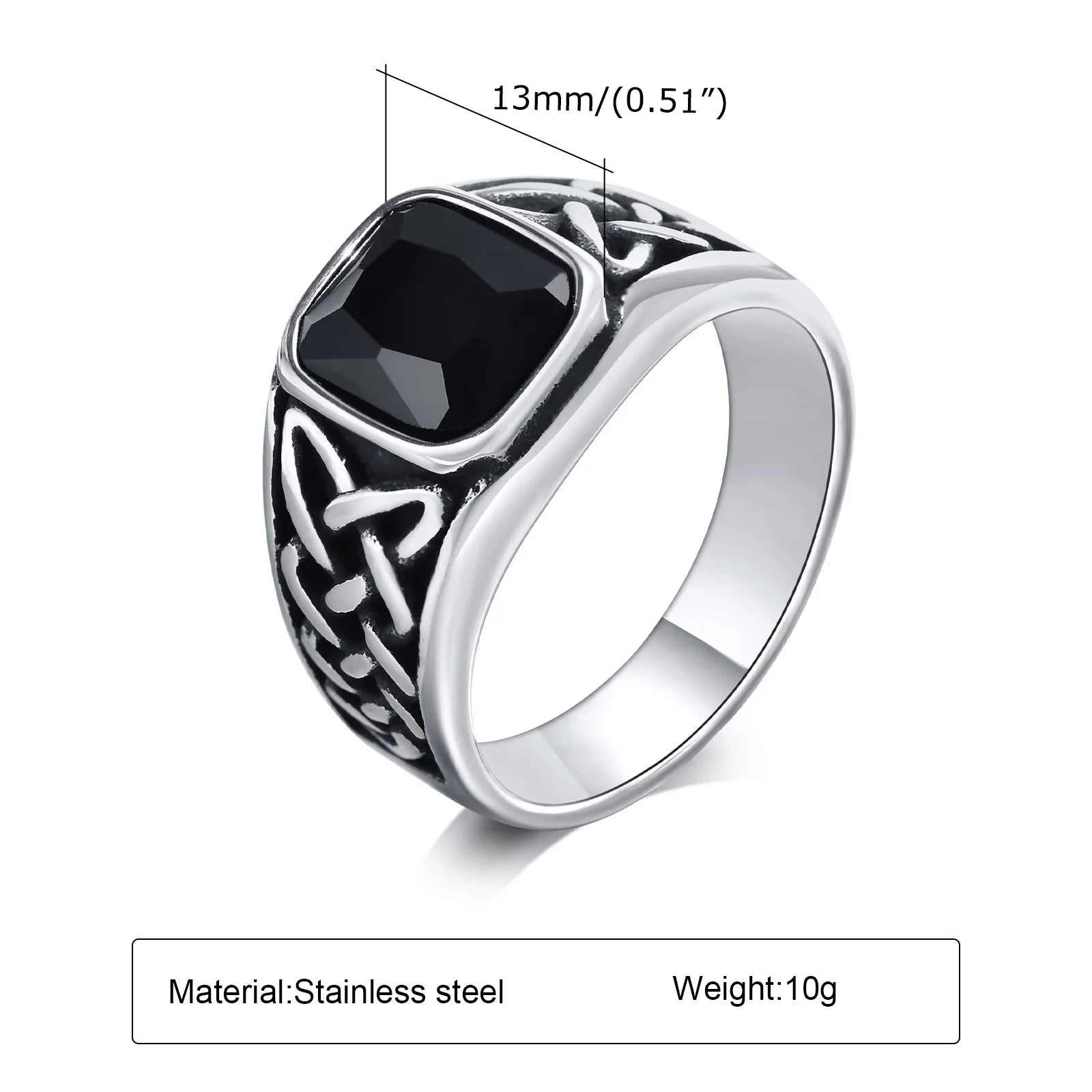 Punk Vintage Ethnic Rings for Men, Retro Viking Knot Rune Finger Band, Black Geometric Square Stone Signet Ring Jewelry