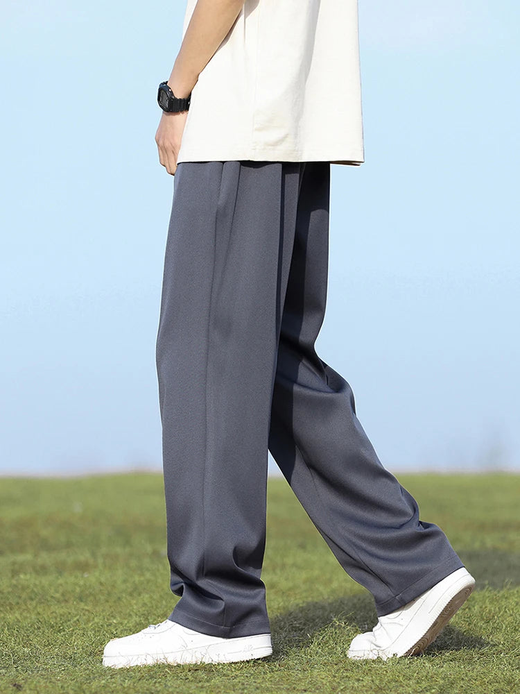 Summer Korean Men's Pants Light&Thin Polyester Elastic Waist Semi-Wide Loose Slacks Drape Suit Pants Male Casual Trousers