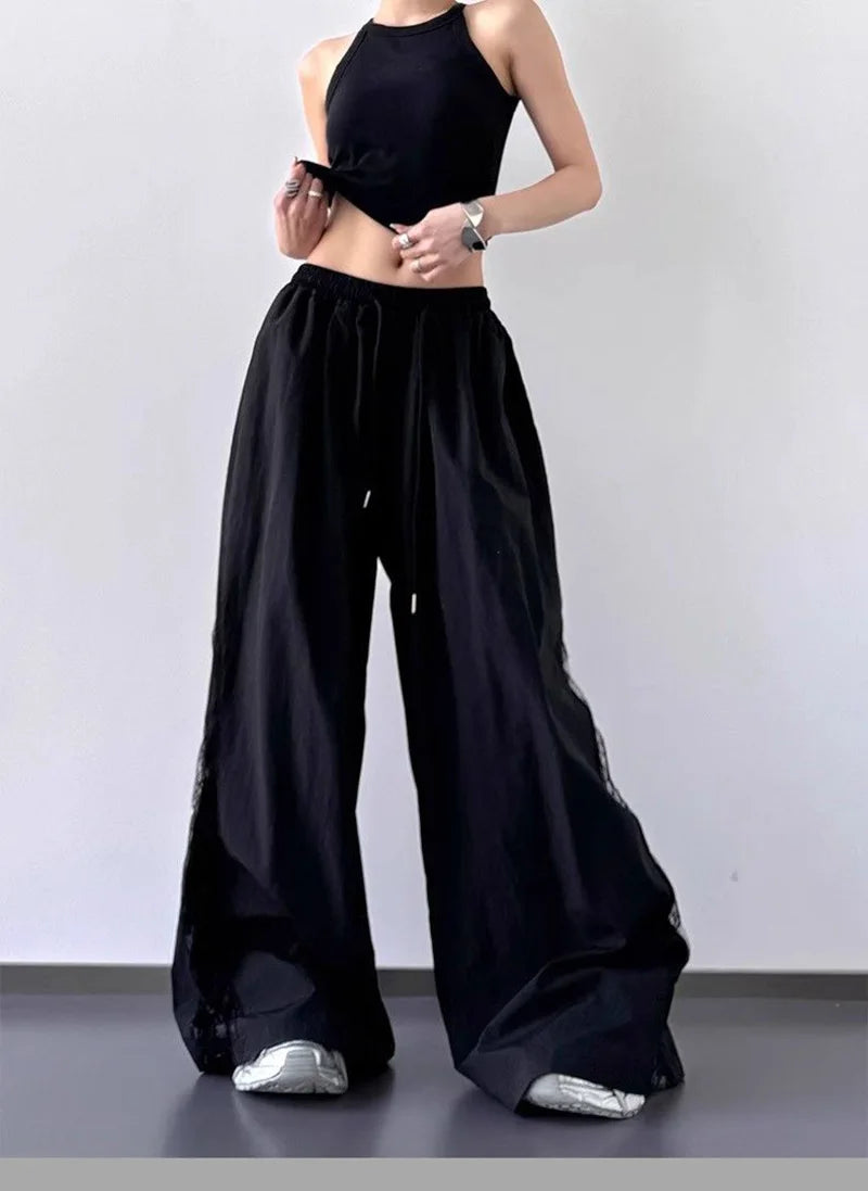 Jmprs Lace Patchwork Wide Leg Pants Women Oversize Streetwear High Waist Vintage Trousers Korean Casual Summer Sweet Retro Pants