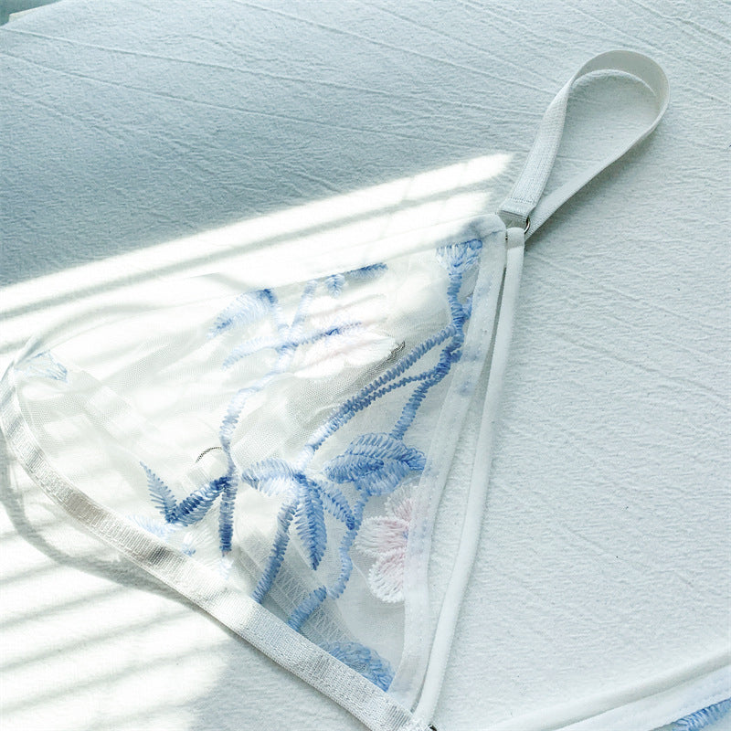 Women's Ultra-thin Cup Bra & Brief Sets Mesh Lace Underwear Set Transparent Beauty Back Hollow Embroidery Lingerie Set