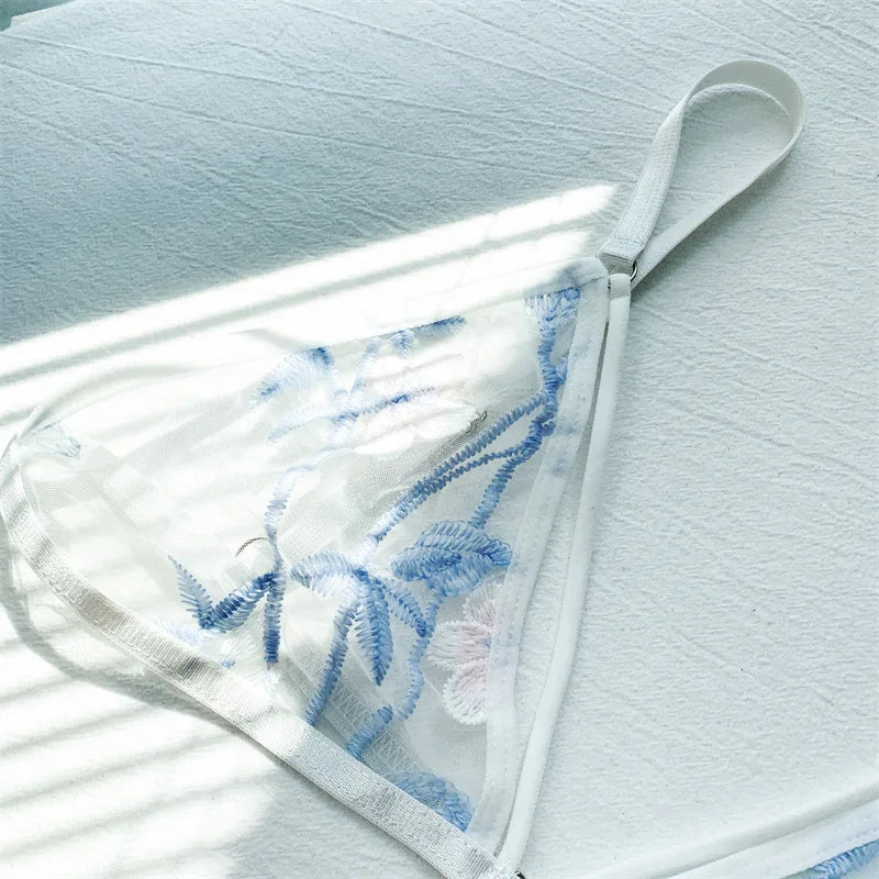 Women's Ultra-thin Cup Bra & Brief Sets Mesh Lace Underwear Set Transparent Beauty Back Hollow Embroidery Lingerie Set