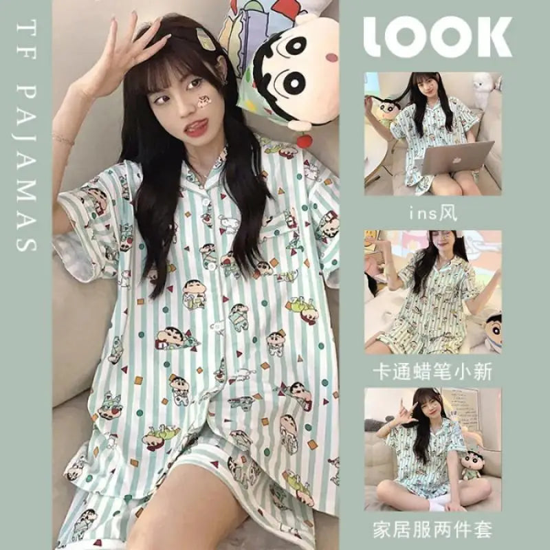 2pcs Kawaii Cute Crayon Shin-Chans Pajamas Short Sleeved Shorts Printing Ventilate Loose Comfortable Cute Girl Birthday Gifts