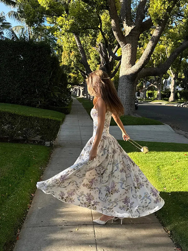 Chic Flower Print A-line Maxi Dress Women Elegant High Waist Strapless Backless Slim Vestidos 2025 Lady Summer Vacation Robes