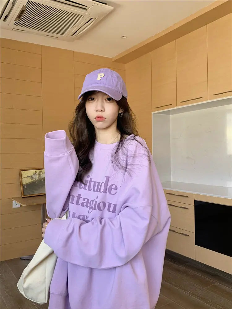 Oversize Round Neck Women's Hoodie Purple Spring and Autumn Thin Loose 2024 New Long Sleeved Top Plus Size Jacket