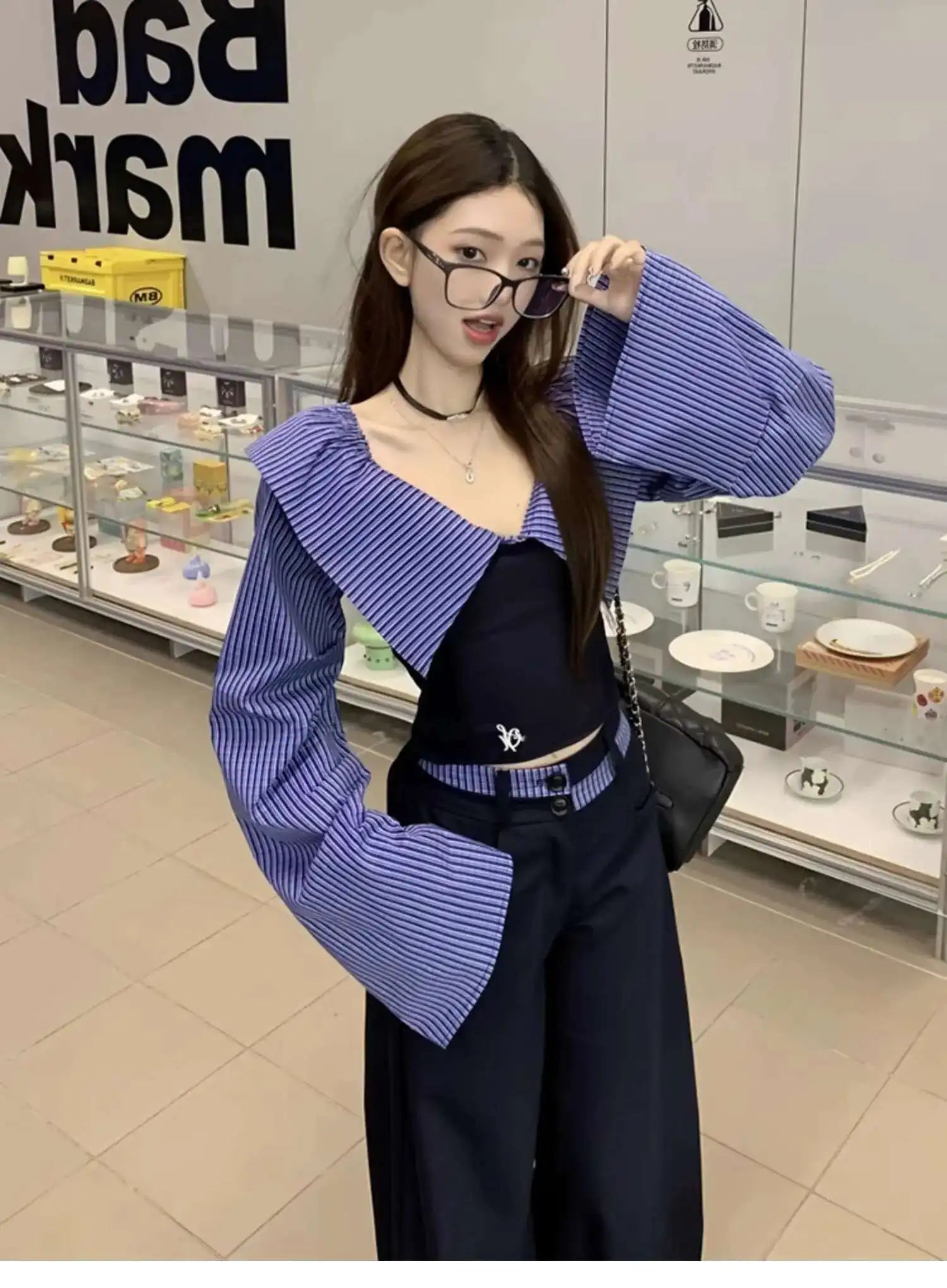 SHENGPALAE 2025 Spring New Contrast Color Slash Neck Pullover Women Straight Loose Ankle Length Pants Fashion Clothing 5ZD1278