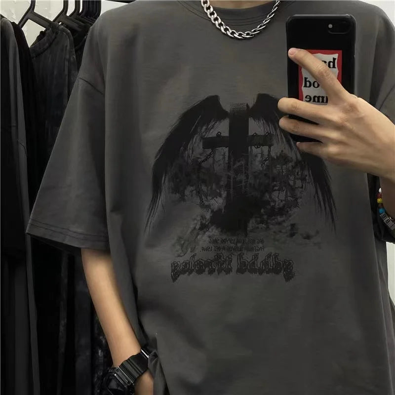 Men T-shirts 2023 Summer Streetwear High Street Gothic Skull Tshirt Loose Oversized Short-sleeved T shirt Dark Anime Men Y2k Top