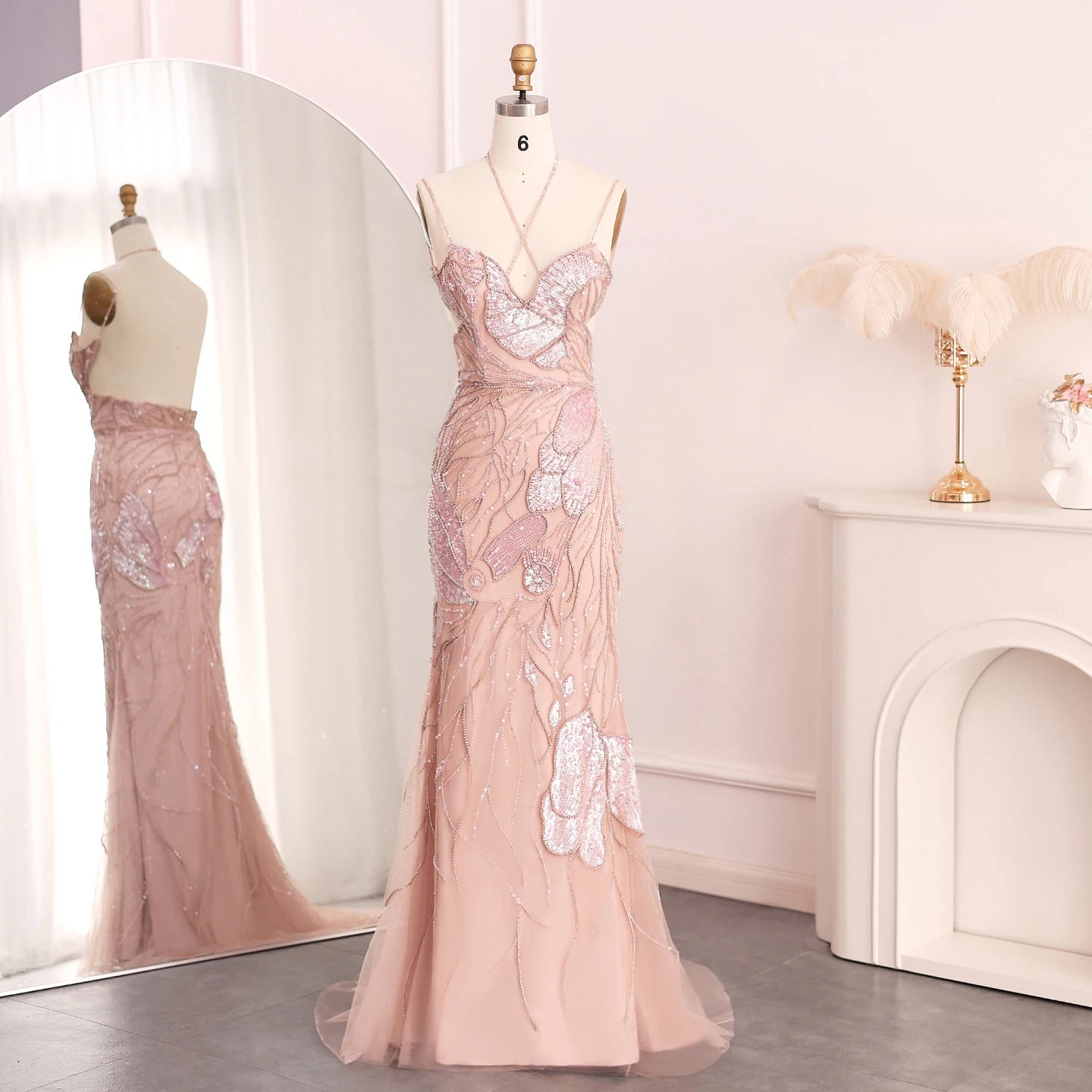 Sharon Said Luxury Mermaid Pink Evening Dresses with Feathers Scarf Straps Dubai Women Blue Wedding Prom Gowns SS478 Customized