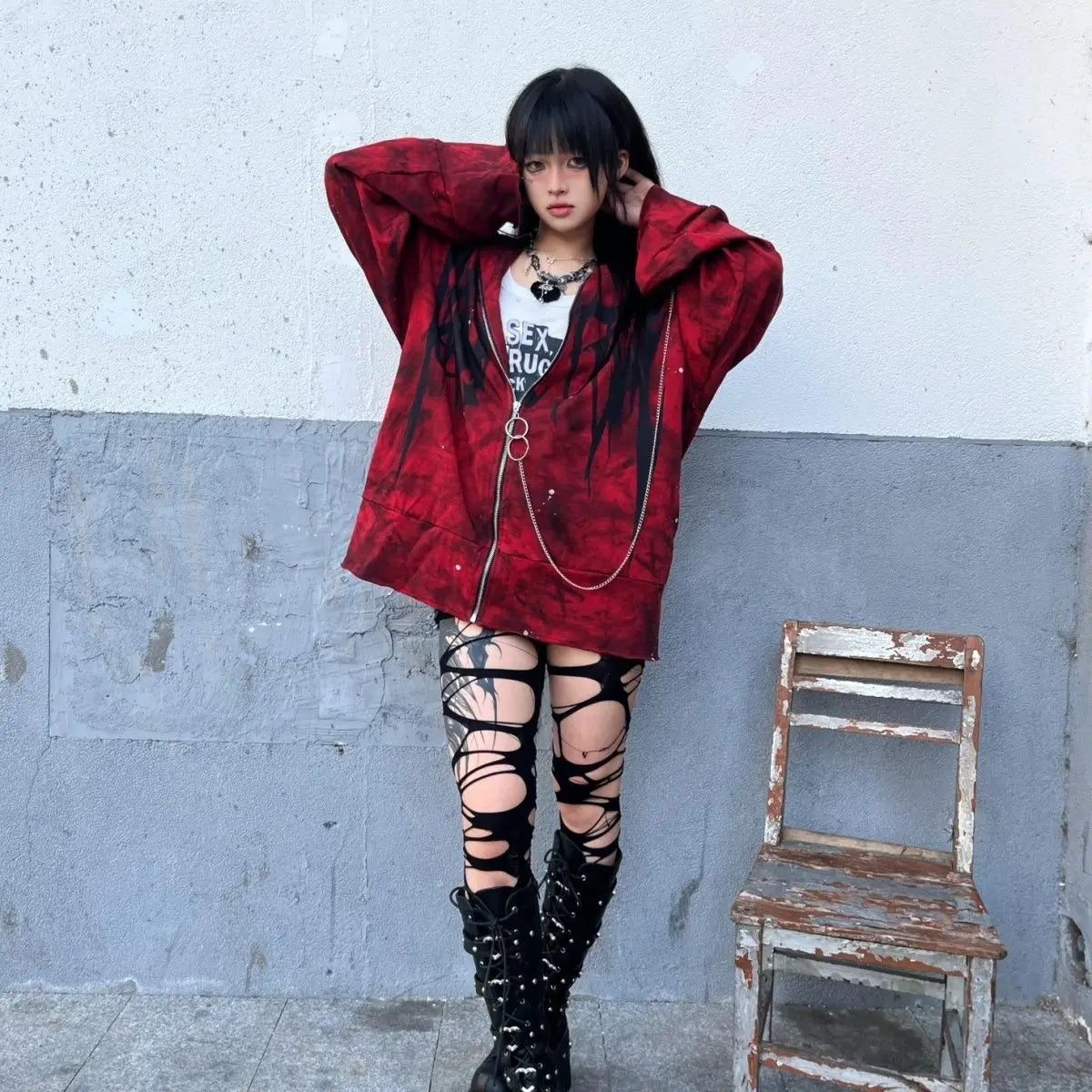 Y2k Aesthetic Printing Punk Hoodies Women Grunge Loose Pocket Oversized Hooded Hoody Harajuku Streetwear Emo Zipper Sweatshirts