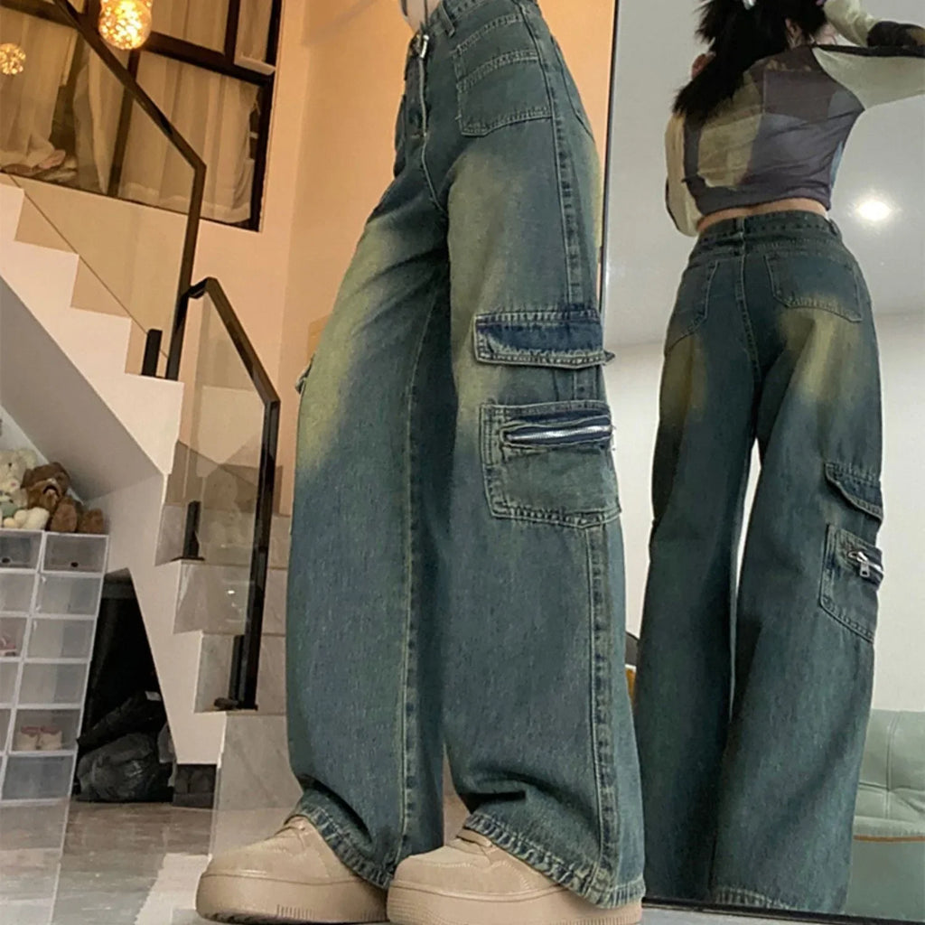 New 2025 American Wide Leg Jeans High Street Workwear Loose High Waist Straight Cut Floor-Length Pants Women's Fashion