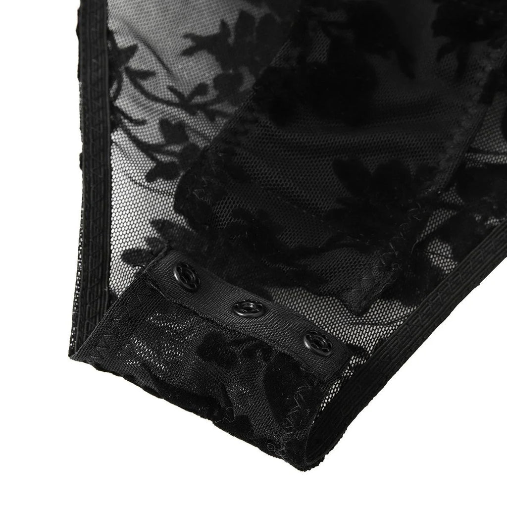 Sexy Women's Black Floral Flocking Sheer Mesh Mock Neck Long Sleeve Bodysuit