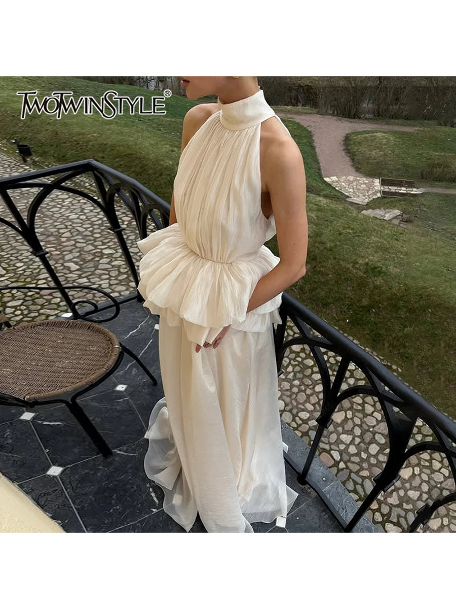 TWOTWINSTYLE Solid Slimming Long Dresses For Women O Neck Sleeveless High Waist Temperament Dress Female Fashion Style Clothes