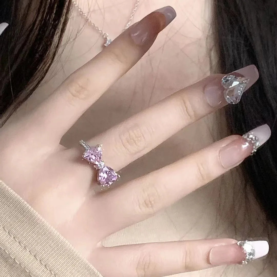 New Arrived Romantic Lovely Pink Bowknot Design Female Exquisite Jewelry Ring with Micro Bow Tie Zircon for Party and Dating