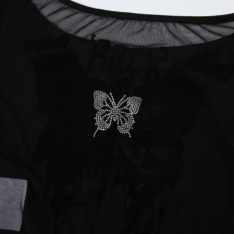 HEYounGIRL Gothic See Through Back Butterfly Print Rhinestone Bodysuit V-neck Long Sleeve Black Sexy Bodsuit Top Street Wear