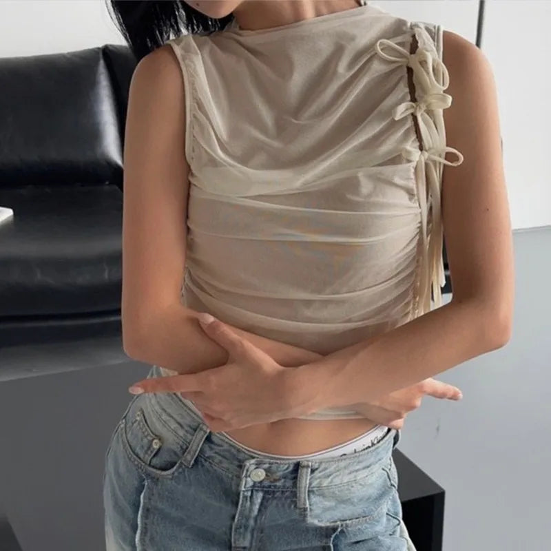 Tonngirls Vintage Tank Tops Women Sleevelss See Through Mesh Tops Streetwear Y2k Retro Crop Tops 2000s Korean Style Summer Tops