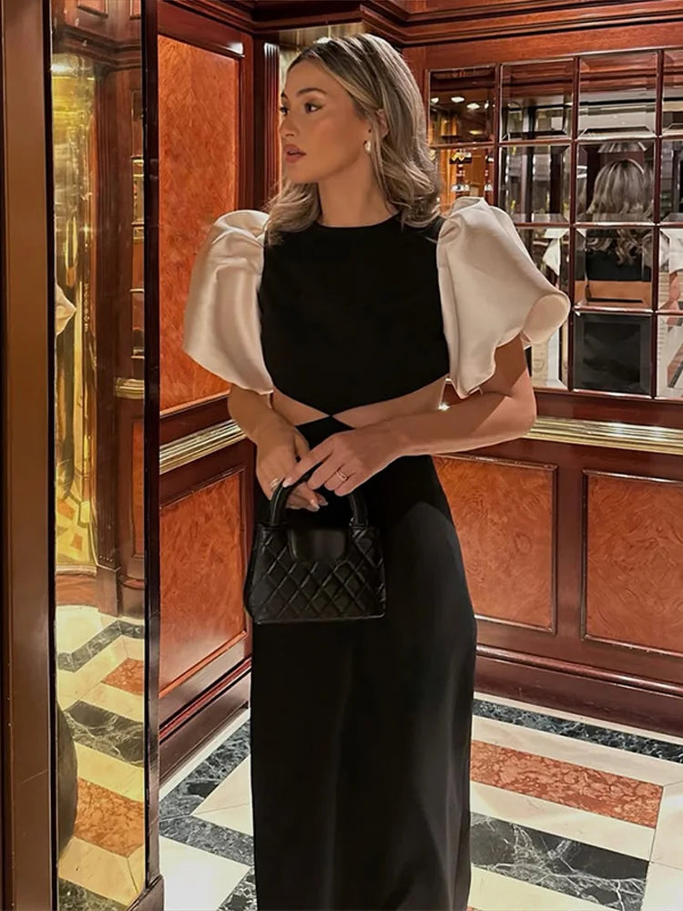 Fashion Puff Sleeve Maxi Dress For Women Sexy Hollow Out Waist Vacation Party Beach Dresses Female 2025 Elegant Lady Chic Robe