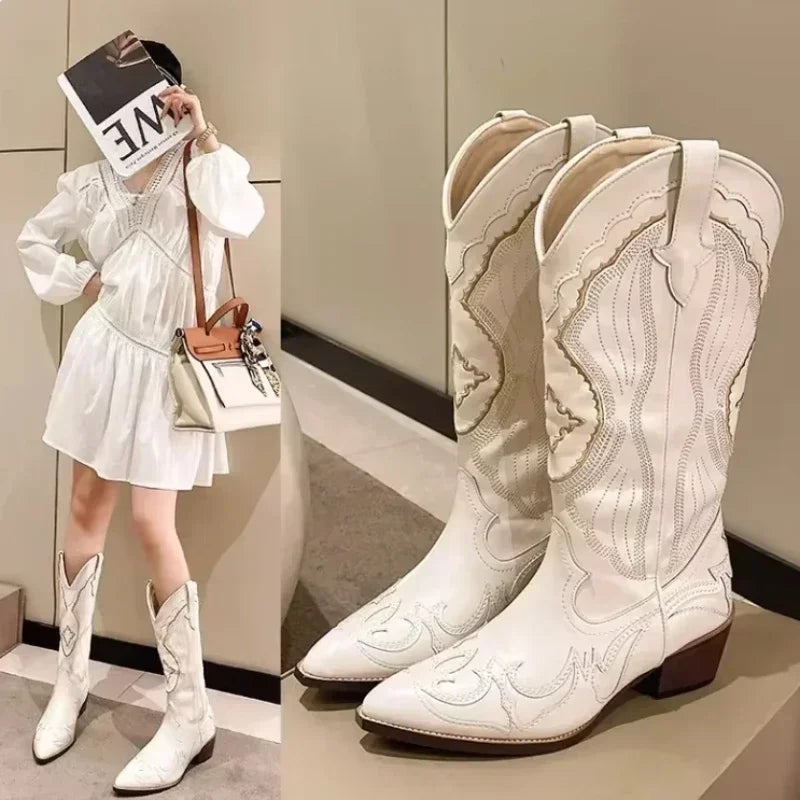 Women's Embroidered Western Mid Calf Boots Cowboy Square Heels Boots Pointed Toe Platform Boots Women Western Shoes Plus Size 42