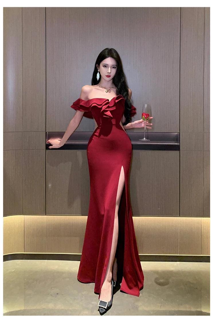 Women Sexy Bodycon Off Shoulder High Split Long Dresses Wedding Evening Party Prom Robe Ruffles Slash Neck Summer New Vestidos