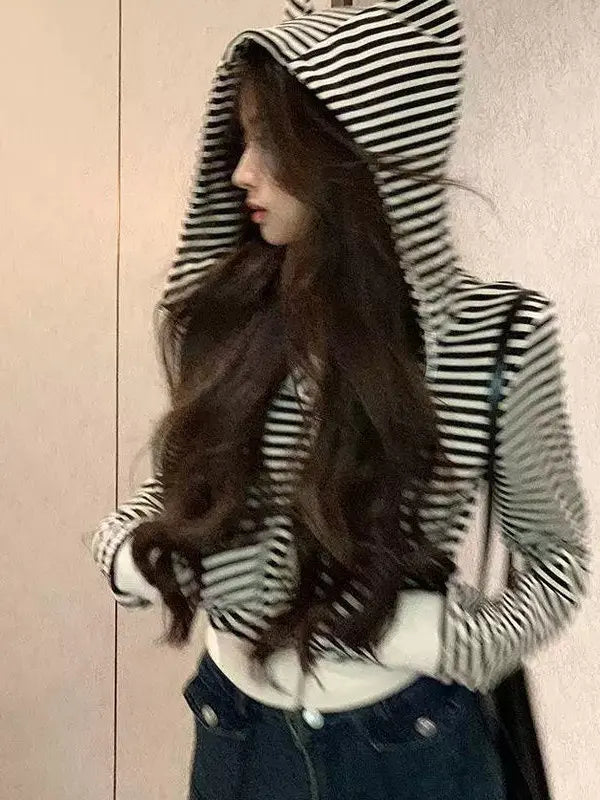 「MD」Demon Stripes Loose Short Coat for Women Spring Autumn Korean Sle Zipper Hoodie Cardigan Design Sense Top