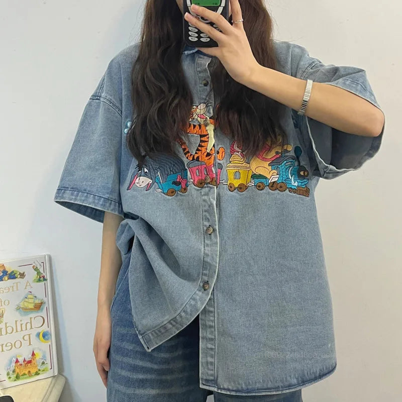 Disney Winnie The Pooh Antique Style Niche Childlike Fun Embroidery Denim Shirt Womem's Summer Loose Shirt Casual Versatile Top