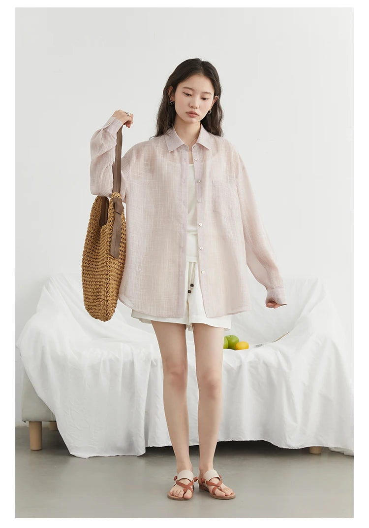 CHIC VEN New Women Shirt Retro Loose Casual Single Breasted Long Sleeve Back Slit Thin Transparent Female Blouses Summer 2025