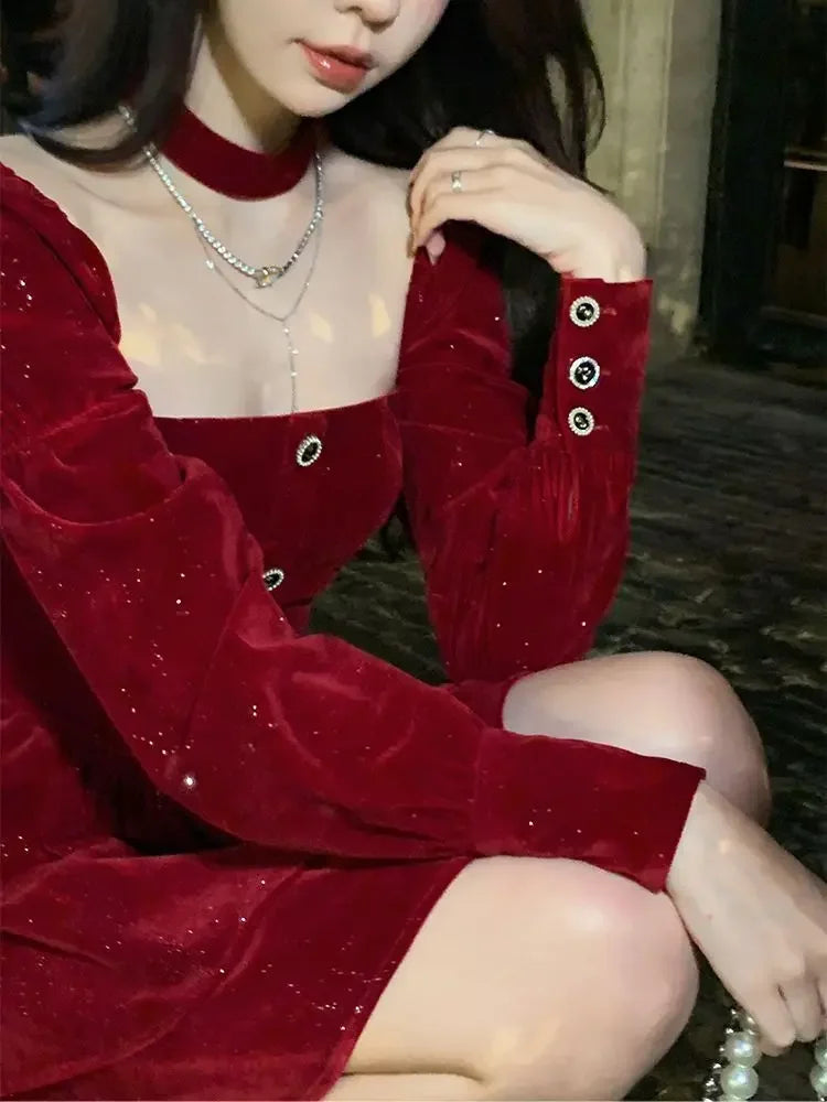 Women's Slim Fit A-line Velvet Dress, Christmas Clothes, Square Collar, Long-sleeved, Red, Sweet, Hot Girl, Autumn Winter