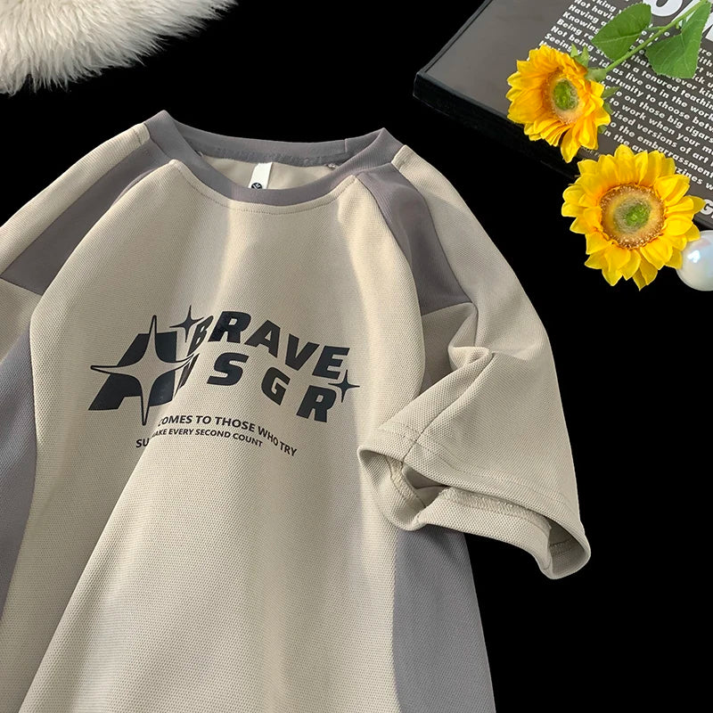 Mens Hipster Contrast Color T Shirt Oversized Vintage Racing Short Sleeve Tshirts Unisex Graphic Jersey Printed Casual Tee Shirt