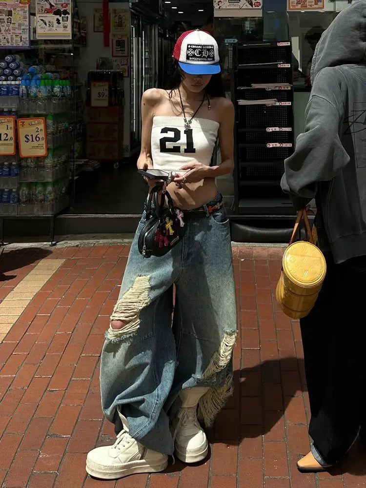 American Style Distressed Washed Jeans Women Summer Y2k Streetwear High Waist Hip Hop Wide Leg Pants 2025 New Casual Loose Jeans