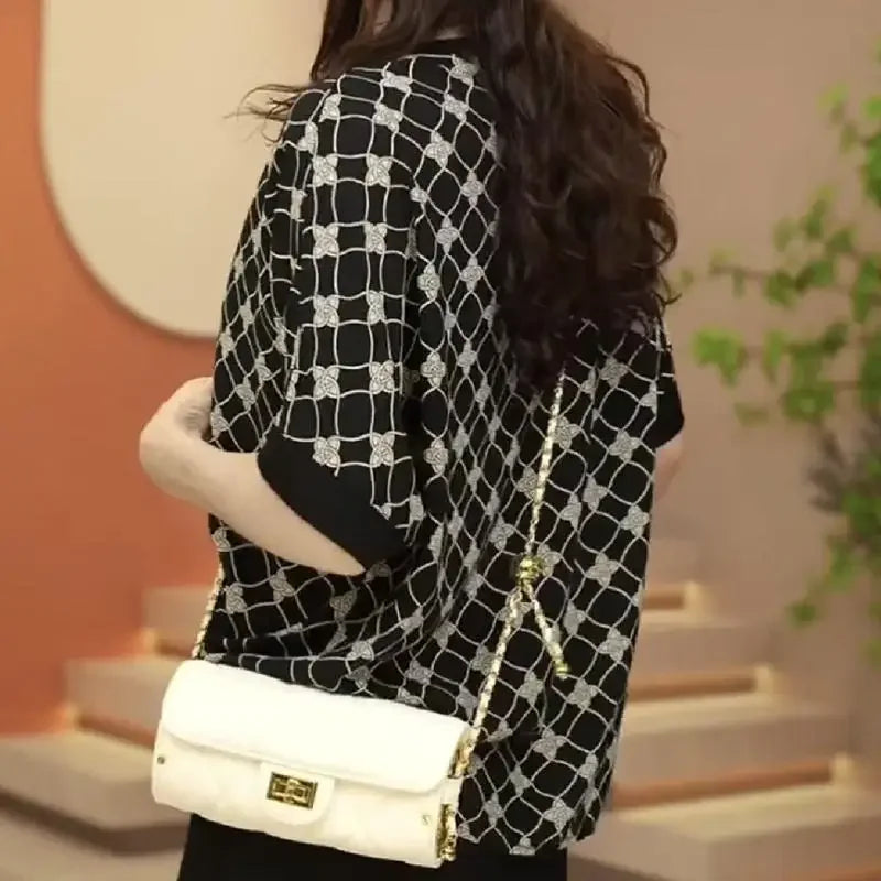 Vintage Fashion Summer Women's O-Neck Printing Screw Thread Patchwork Batwing Sleeve Temperament Versatile Loose T-Shirts Tops