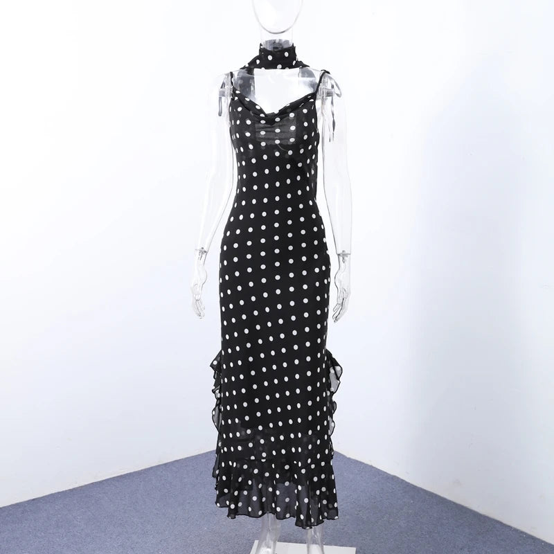 Retro Polk Dot Long Dress With Ribbon Women Sexy Low Cut Sleeveless Pleated Slim Evening Dresses Female Spring Chic Street Party