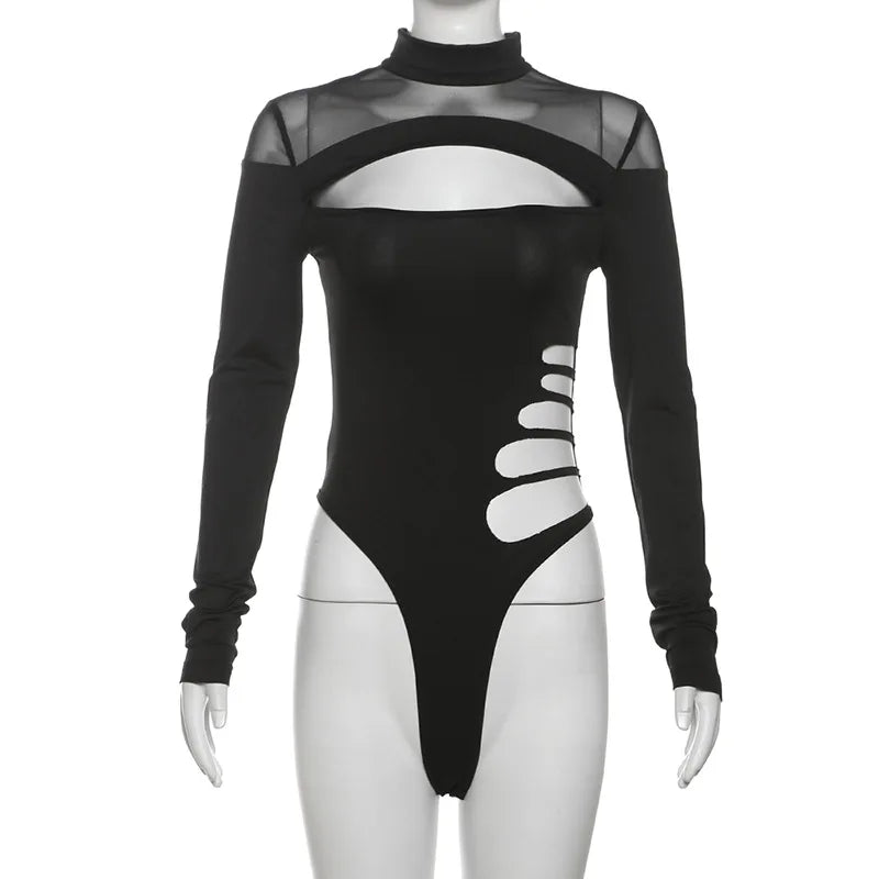 Goth Dark Hollouw Out Long Sleeve Skinny Bodysuit Women Y2K Grunge Mesh Patchwork Playsuits Mall Goth Fashion Street Bodysuits