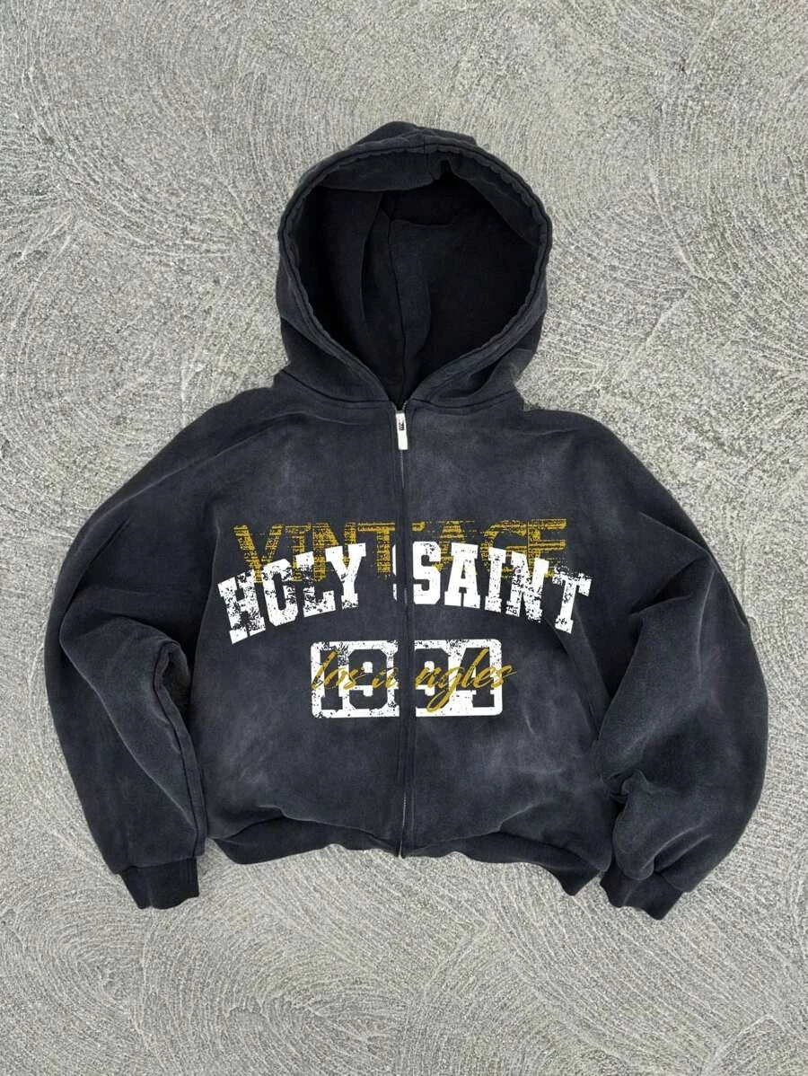 New Y2K American hip-hop retro monogrammed printed hoodie men clothing streetwear Harajuku jacket Gothic casual zip up hoodies