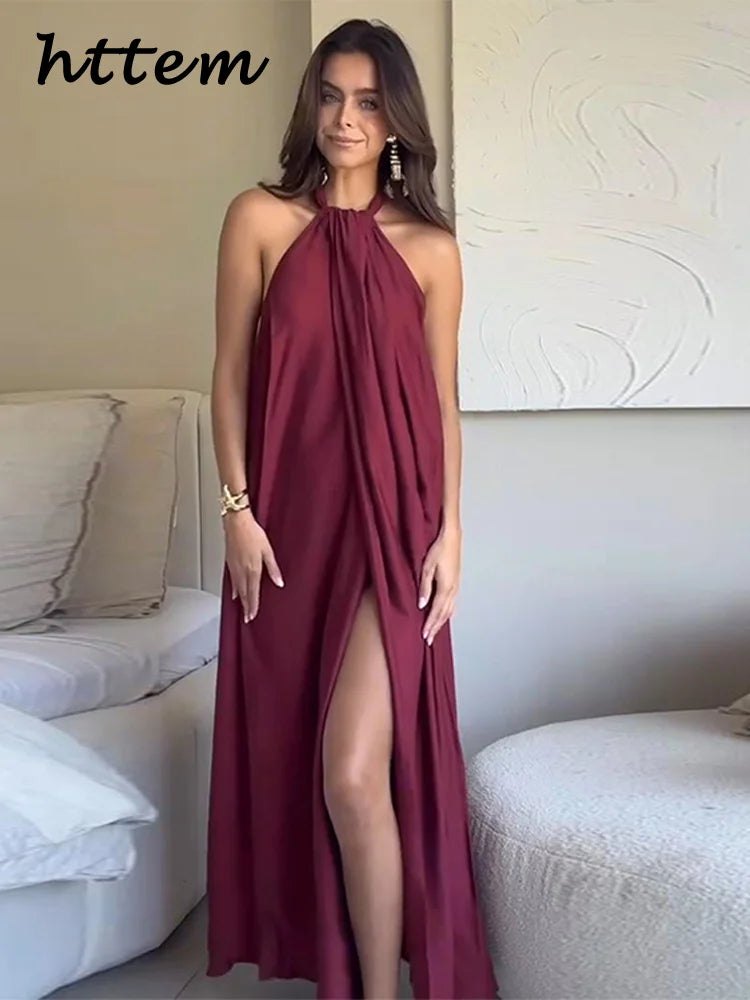 Elegant Halter Long Holiday Dress Women Loose Pleated Sleeveless Backless Slit Lace Up Party Dresses 2025 Summer Lady Beach Robe