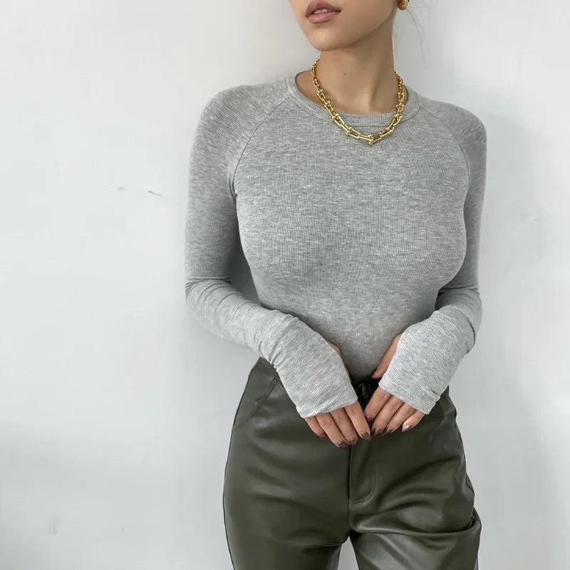 Women Bodysuit New Autumn Long Sleeved Round Neck Pullover With Crotch Jumpsuit Women's Fit Slimming Top One-piece T-shirt