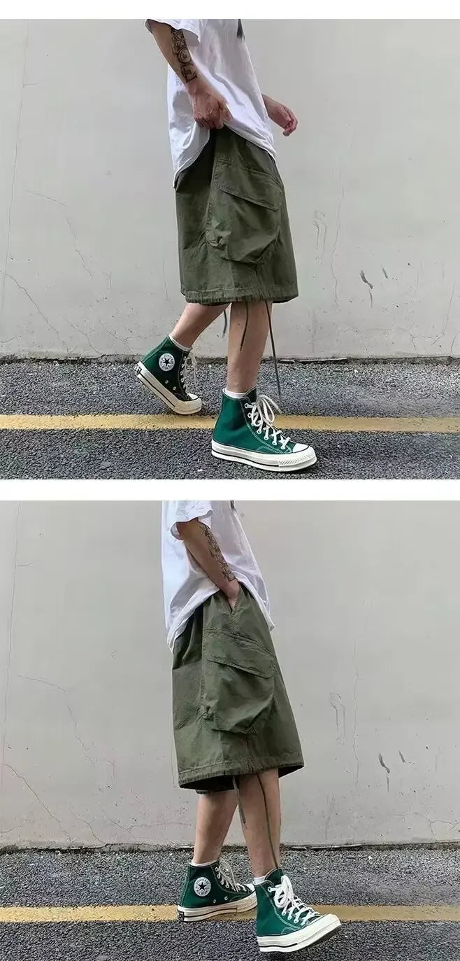 Loose Casual Men's Workwear Shorts Summer Wide Leg Drawstring Five-Quarter Pants Retro Japanese Style Outerwear Shorts