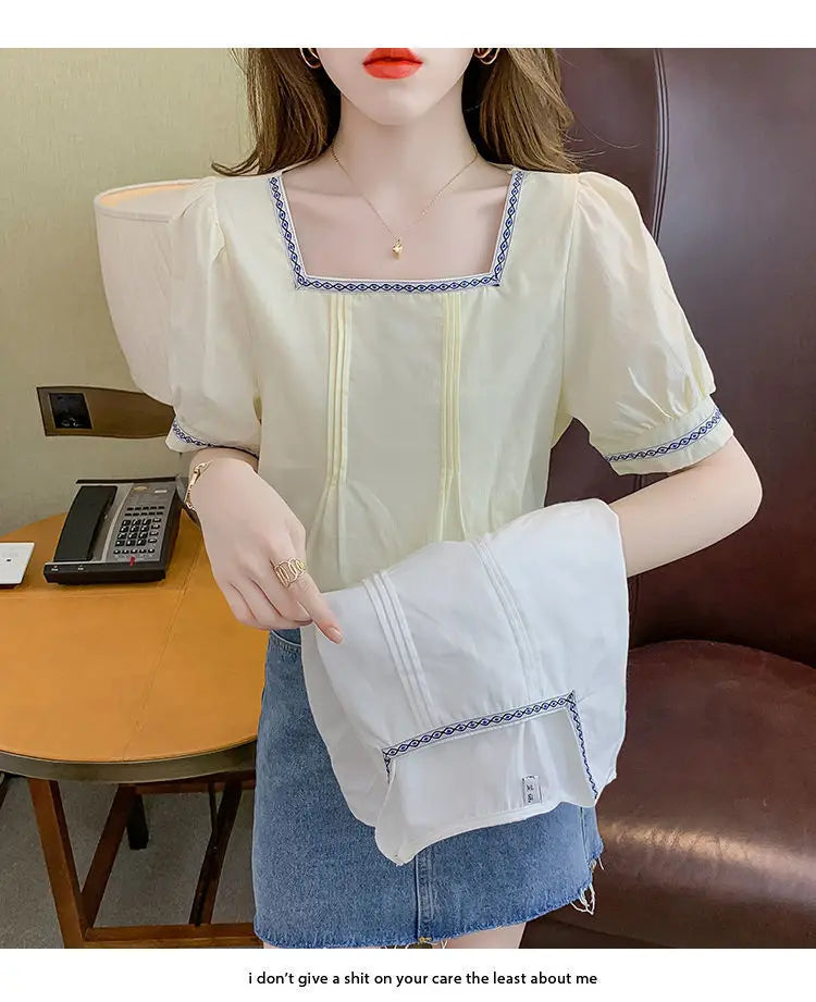 Women Clothing Summer Korean Fashion Embroidered Solid Color Square Collar Puff Sleeve Femme All-match Pleated Short Sleeve Tops