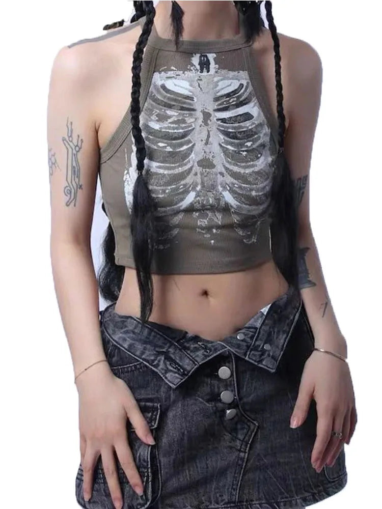 Punk Aesthetic Cyber Retro X-ray Skeleton Print Rib Sleeveless Vest ArmyGreen Crop Top Designer Clothes Women 2023 Summer Emo