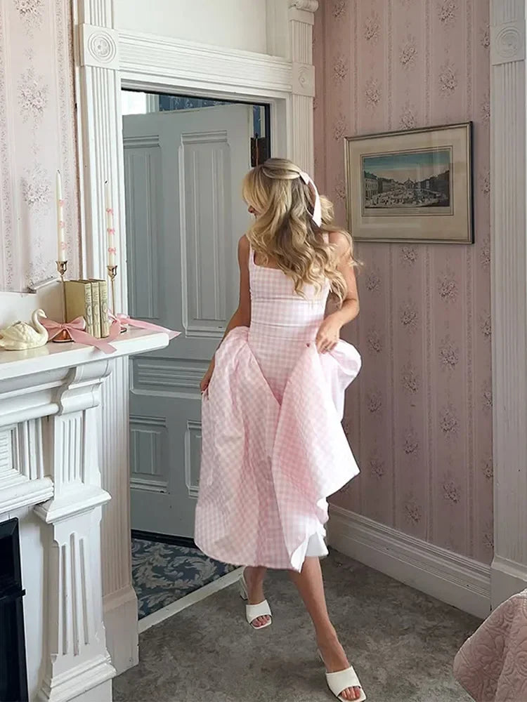 Women Fashion Plaids Pleated High Waist A-line Dress Elegant Sleeveless Backless Slim Long Dresses Summer New Party Streetwear