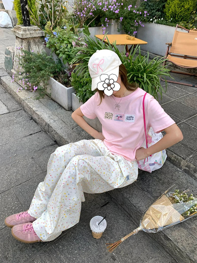 Zoki Stars Print Letter Cargo Pants Women Sweet Fashion High Waist Wide Leg Trousers Casual Loose Preppy Style Female Cute Pants