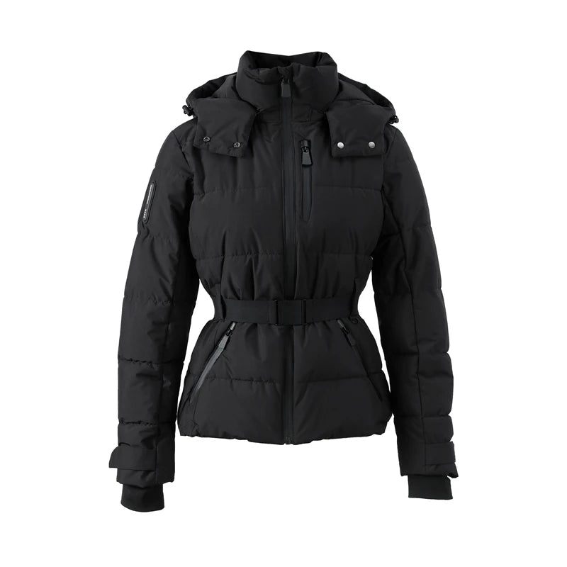 Fashion Hooded Padded Coats With Belt Women Slim Stand Collar Full Sleeve Pocket Coat Winter Lady Thicken Warm Skiing Jacket