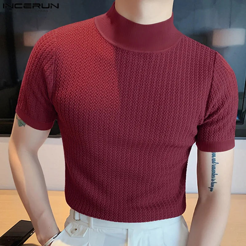 New Summer Fashion Tight T-shirt Casual Streetwear Textured High-neck Solid Color Short-sleeved Bottoming Tees Korean Style Tops