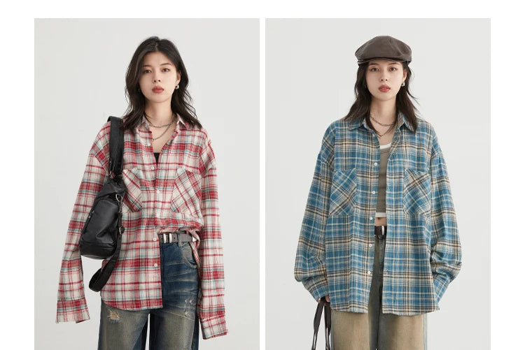 CHIC VEN Women's Cotton Shirt Single Breasted Loose New Retro Color Blocked Grid Female Blouses Autumn Spring 2024