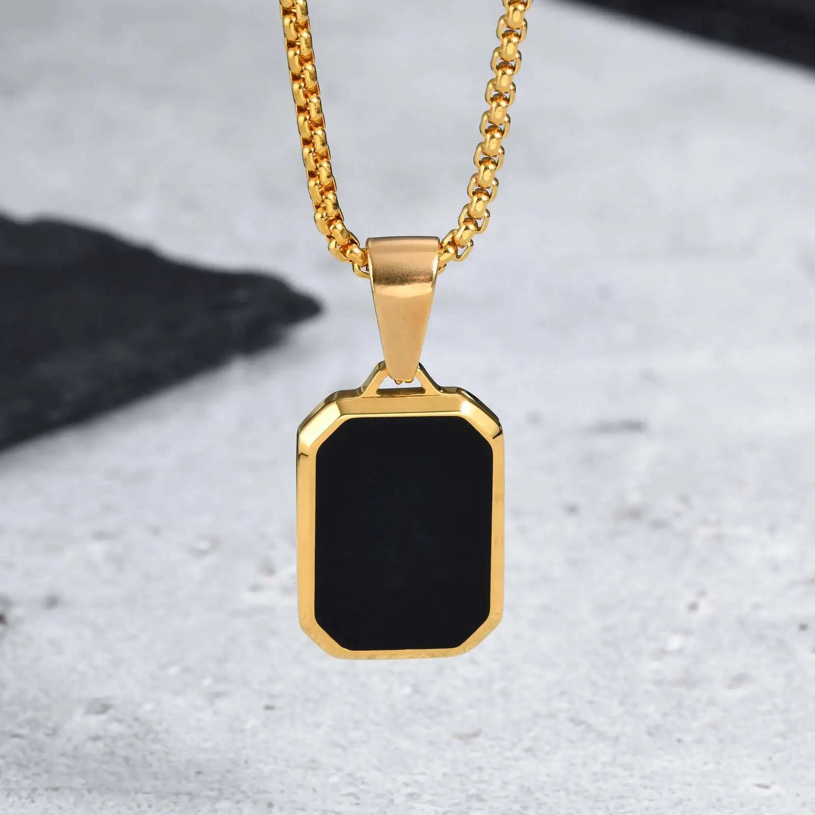 Casual Black Enamel Necklaces for Men,Waterproof Stainless Steel Square Pendant Necklace,Simple Fashion Male Collar Jewelry Gift