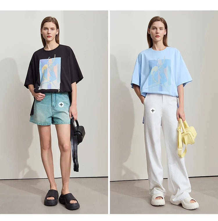 Amii Minimalist Summer T-shirt Women Irregular Design Tops Casual O-neck Abstract Print Loose Dropped Shoulder T-shirt 12522081