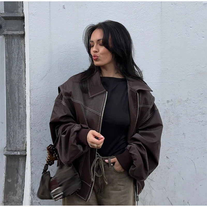 Fashion Green PU Leather Jacket Women Laple Zipper Loose Full Sleeve Single Breasted Cropped Coat 2024 New Lady Solid Streetwear