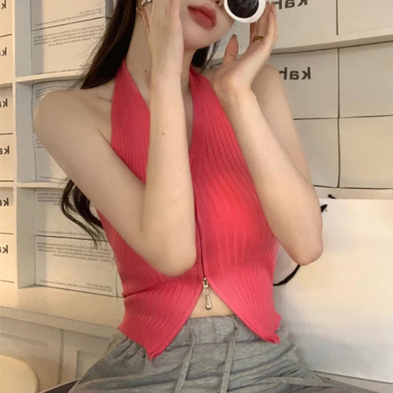V-neck Camis Women Hotsweet Sexy Halter Crop Tops Zipper Streetwear Pure Sleeveless Chic