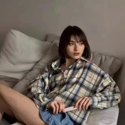 Retro Style Women's Loose Shirt Spring Autumn Plaid Fashion Versatile Casual Button up Cotton Polyester Blend Chinese Origin